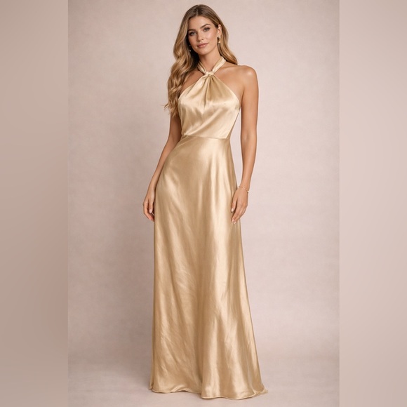 Birdy Grey Dresses & Skirts - Birdy Grey Gold Satin Halter Bridesmaid Dress Large